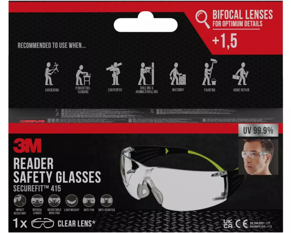 3M Schutzbrille SecureFit 415 mit +1.5 Dioptrie, Transparent
