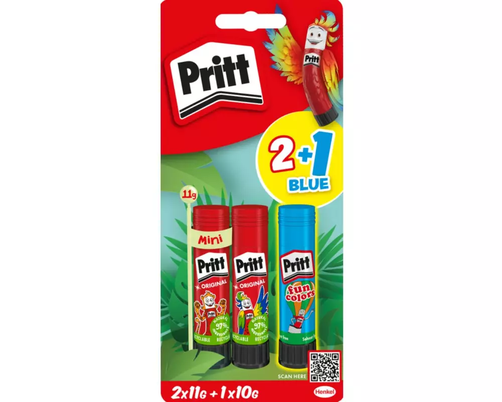 Pritt Klebestift 2x11g + 1x10g, Blau, Rot