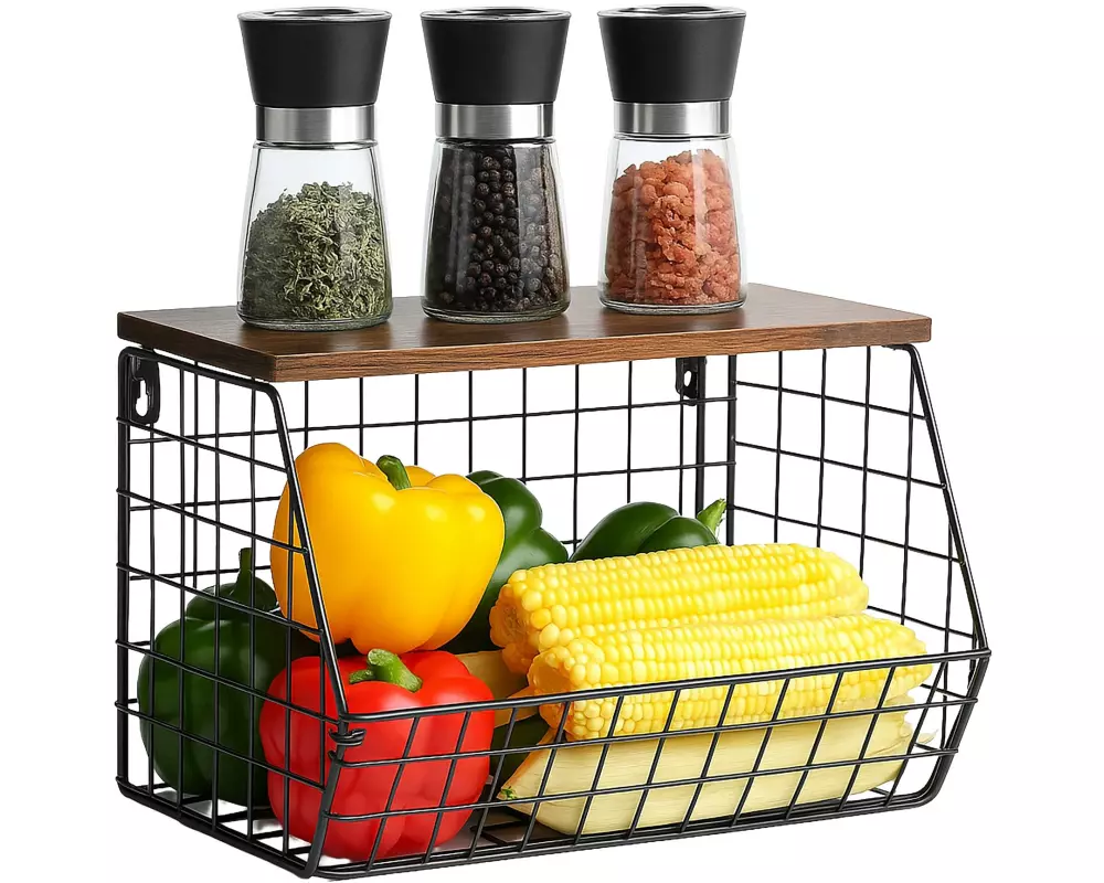 relaxdays Organizer Obstkorb Wandregal 21 x 30 cm Braun/Schwarz