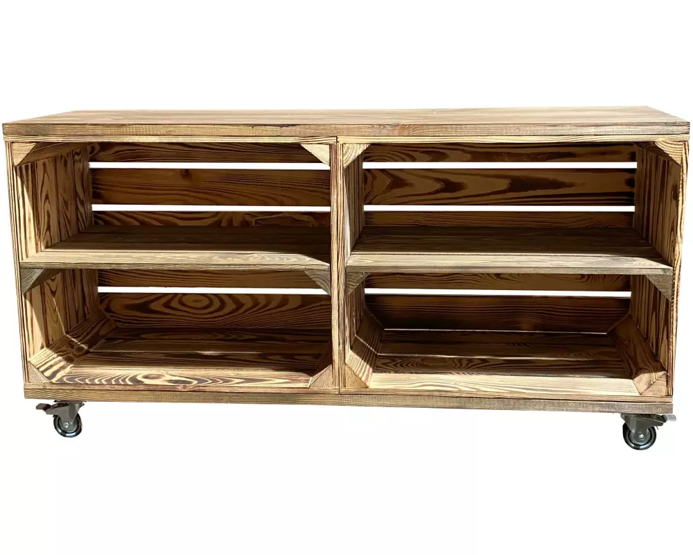 Holz Zollhaus Regal auf Rollen Vintage, Braun geflammt, 100 x 50 cm