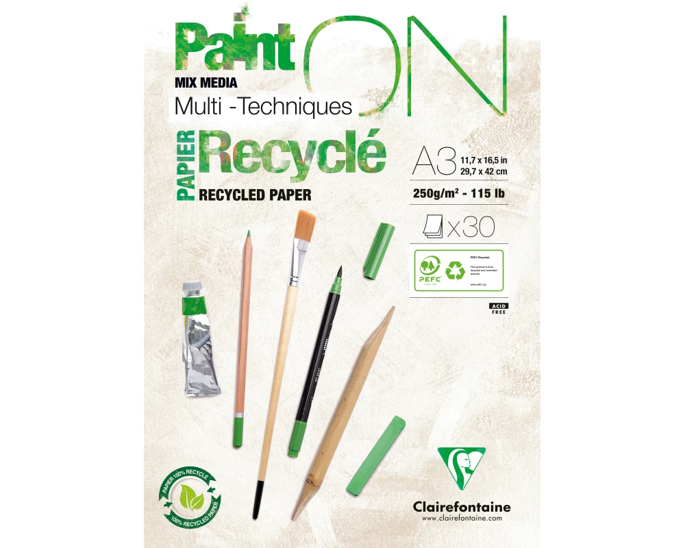 CLAIREFONTAINE Paint'On Block A3 975742C weiss, recycling 30 Blatt