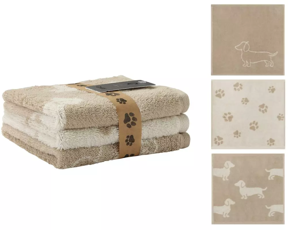Cawö Waschlappen We Love Dogs Mix (3er Pack), 30 x 30, Beige