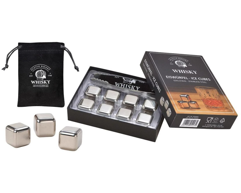 G. Wurm Whiskysteine mit Zange und Beutel 10-teilig, Silber