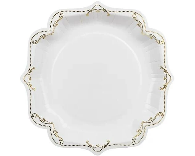 Partydeco Einwegteller mit Ornament Weiss/Gold, 26 cm, 6 Stück