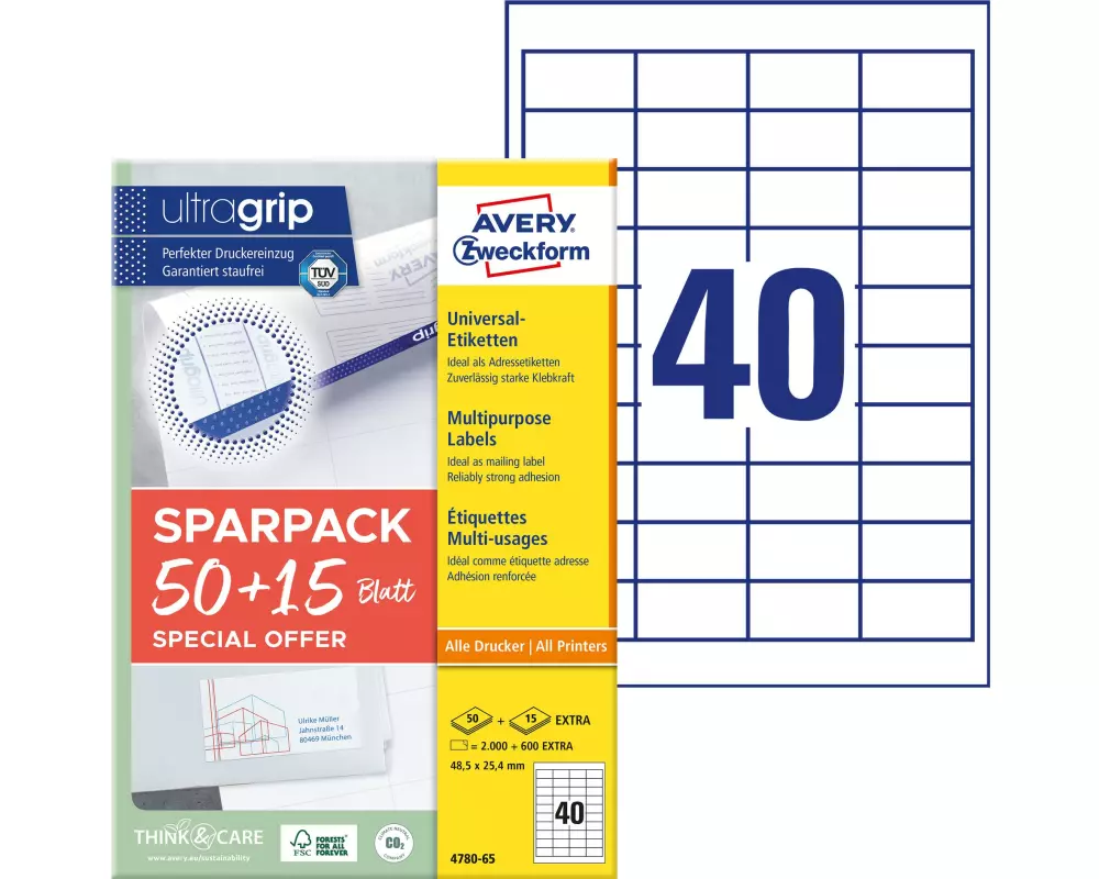 Avery Zweckform Universal-Etiketten 4780-65, 48.5 x 25.4 mm, 65 Blatt