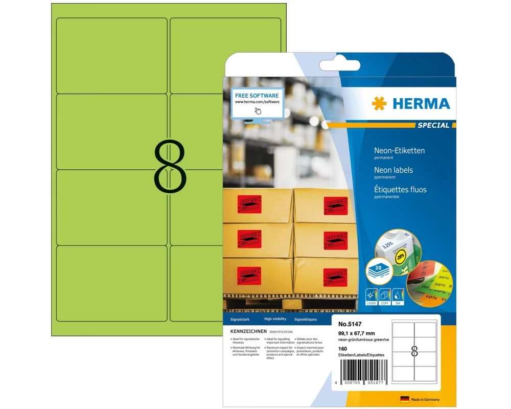 HERMA Neonetiketten A4 99.1 x 67.7 mm, Neon-Grün, 160 Stück