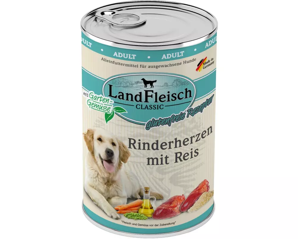 LandFleisch Nassfutter Classic Rinderherzen mit Reis, 400 g