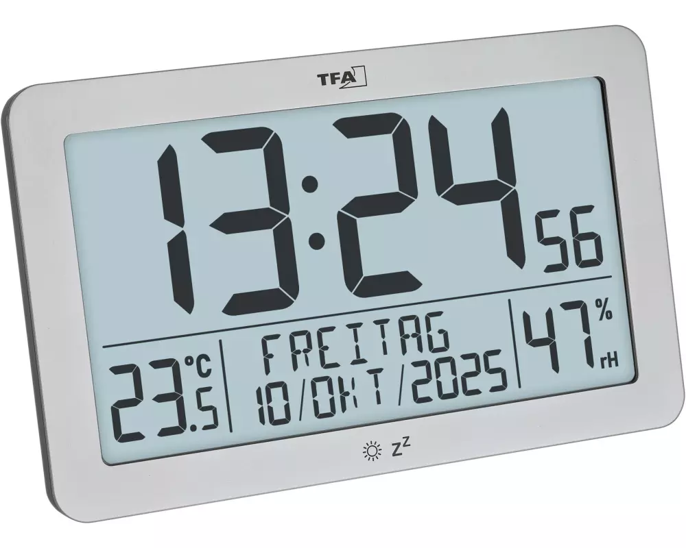 TFA Dostmann Digitale Funkuhr mit Raumklima Silber