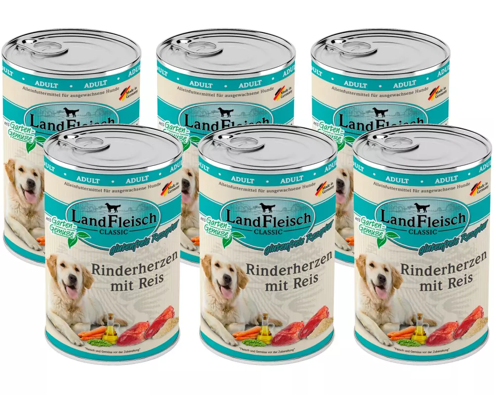LandFleisch Nassfutter Classic Rinderherzen mit Reis, 6 x 400 g