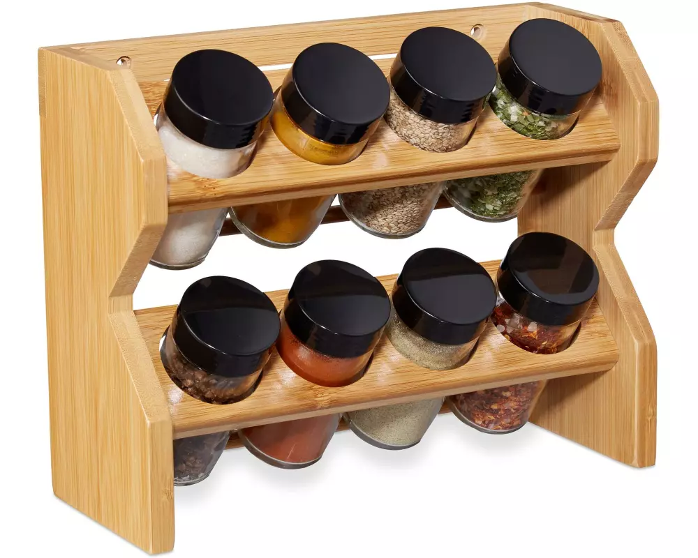 relaxdays Gewürzregal 8 Gläser Hellbraun/Schwarz/Transparent
