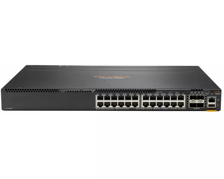 HPE Aruba 6300M Switch, 24 Port 1GbE and 4 Port SFP56, Layer 3, Stackable, 1U, One Touch Deployment with CX Mobile App, NetEdit