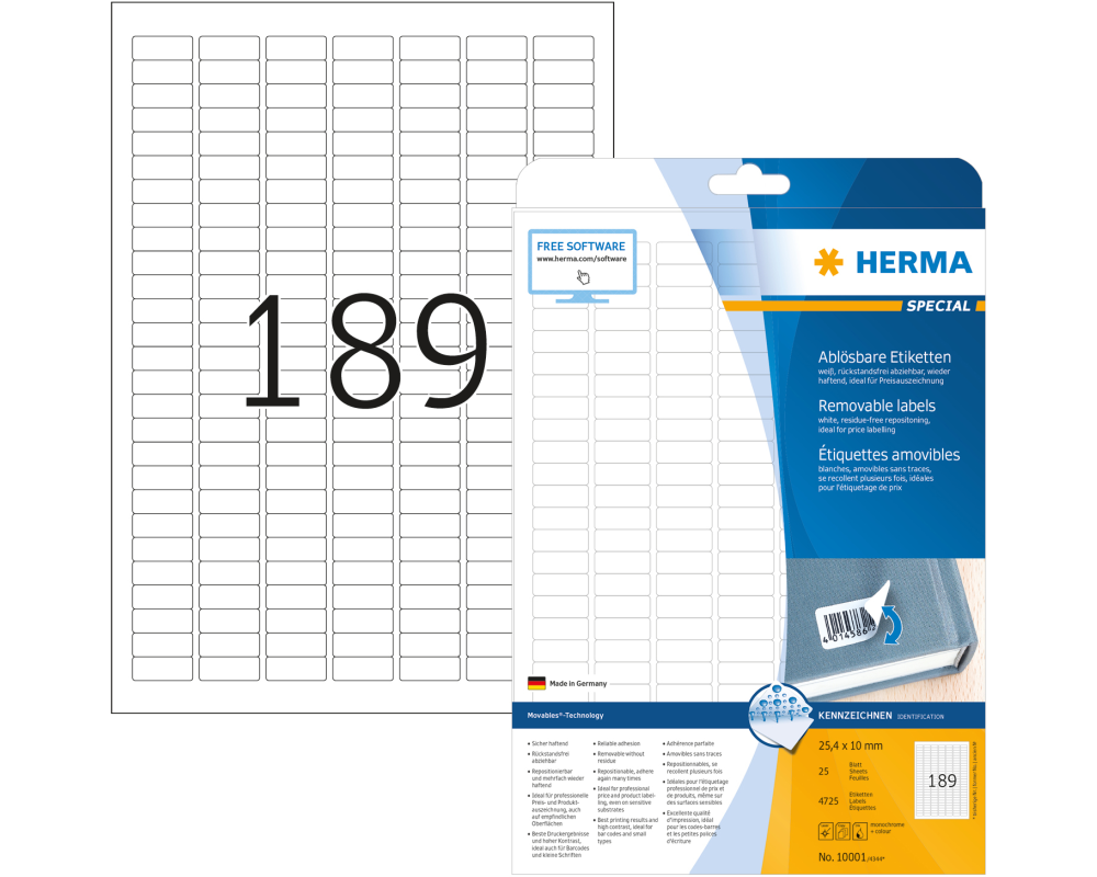 HERMA Etikett. Movables 25,4x10mm 10001 weiss,non-perm. 4725 St./25Bl.