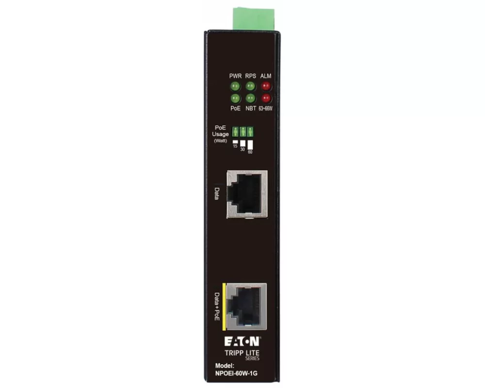 EATON TRIPPLITE Industrial, Gigabit, Ethernet, PoE, injector, 60W, PoE++, 802.3bt, Midspan, -40, to, +75, DIN, rail, 1, Port