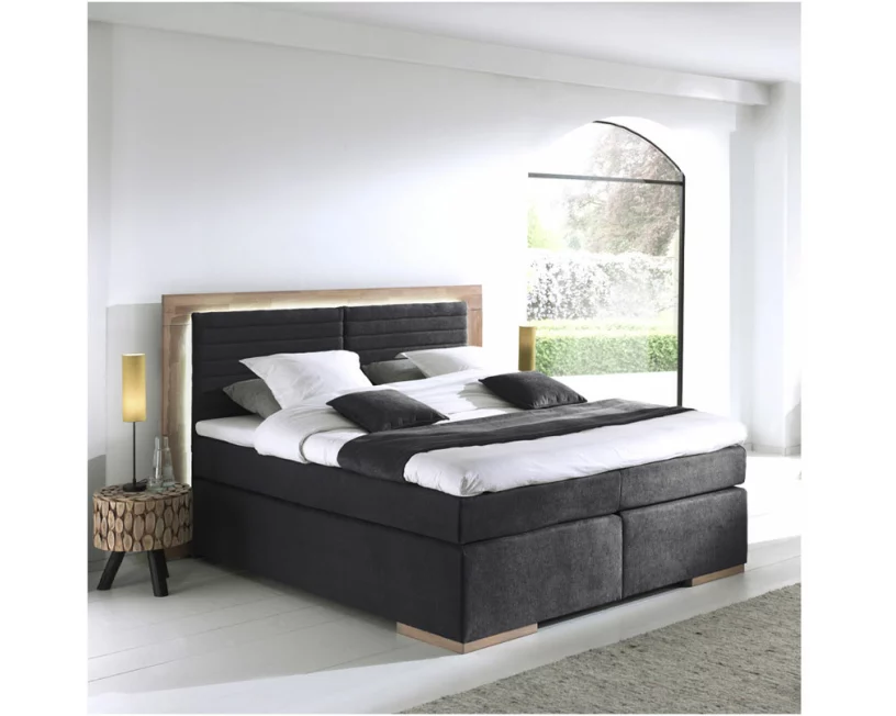 naturoo Boxspringbett Marcel 180x200cm schwarz inkl. Premium Topper & LED Beleuchtung