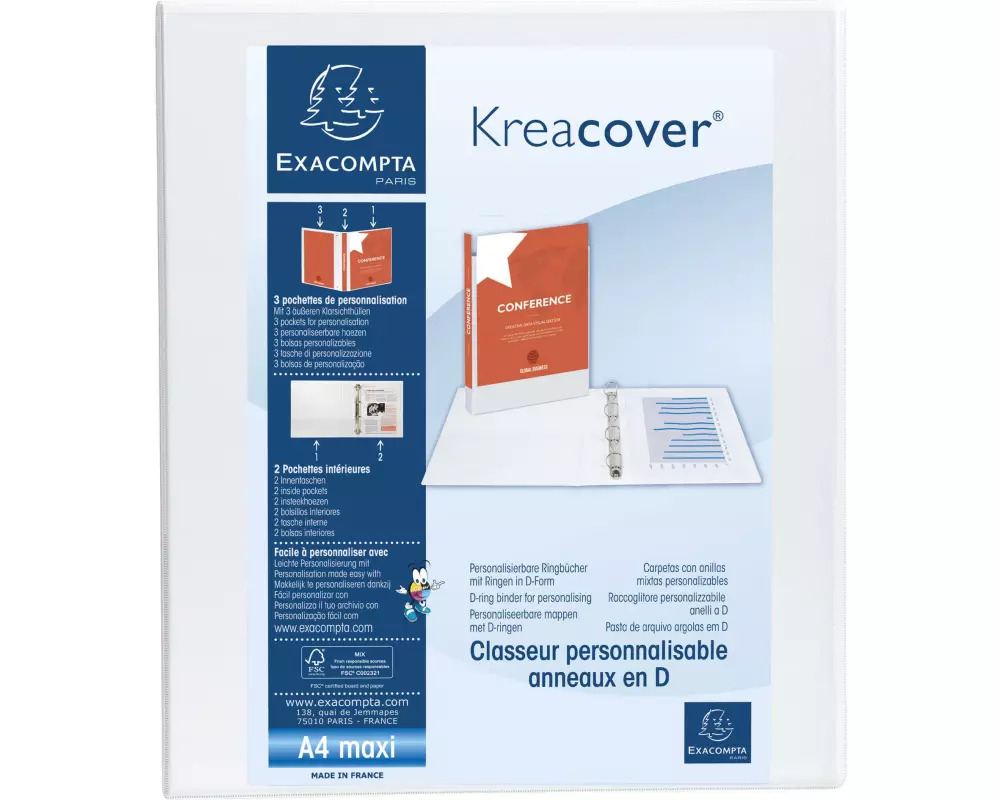 Exacompta Ringhefter Kreacover A4 Maxi, 4 D-Ringe, 3.8 cm, Weiss