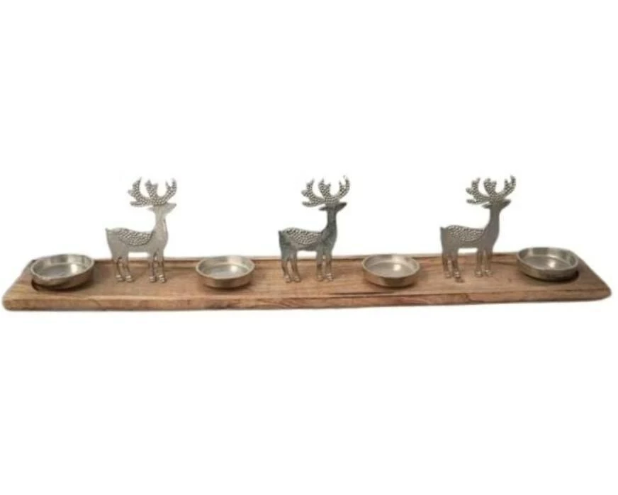 Schneider Korbwaren Holztablett mit Hirschen und 4 Kerzenhaltern Nickel 76 cm