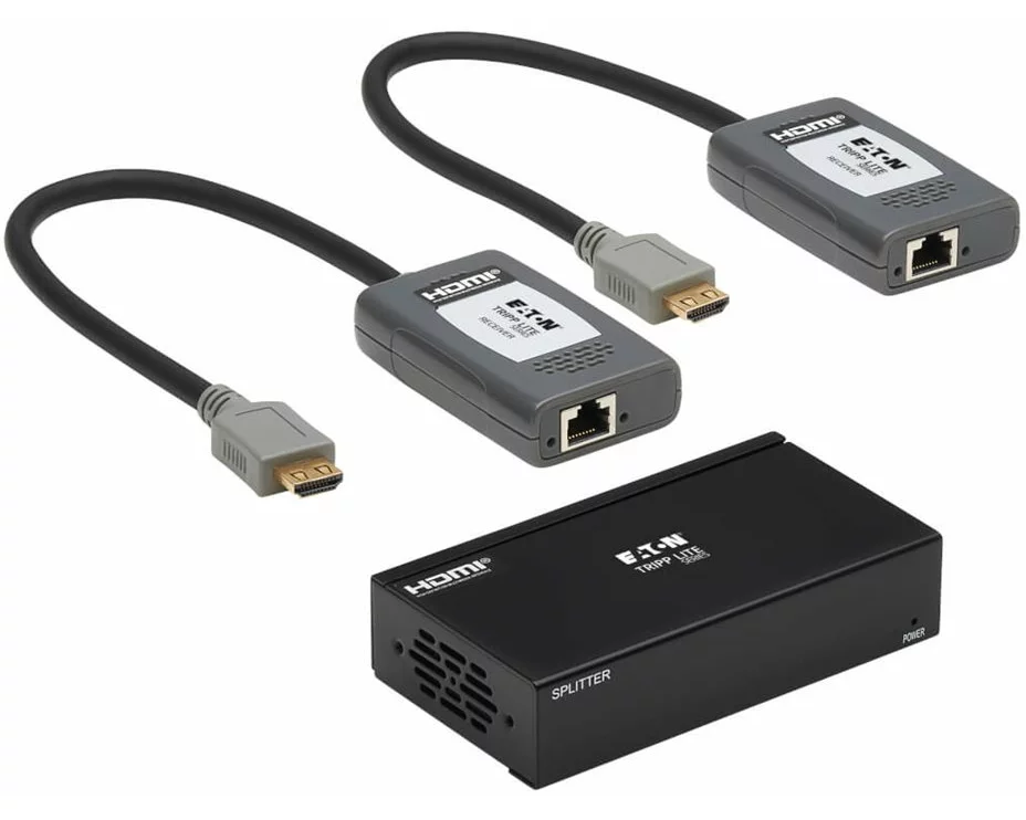 EATON TRIPPLITE 2-Port HDMI over Cat6 Extender Kit Splitter/2x Pigtail Receivers 4K 60Hz HDR 4:4:4 PoC 230ft. 70.1m TAA