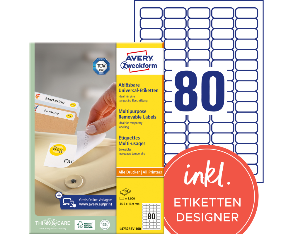 AVERY ZWECKFORM Universaletiketten 35,6x16,9mm L4732REV-100 weiss,non-perm. 8000S./100B.