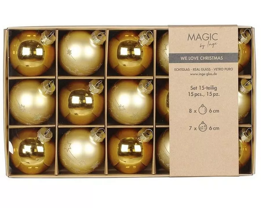 INGES CHRISTMAS DECOR Weihnachtskugel 6 cm Gelbgold, 15 Stück