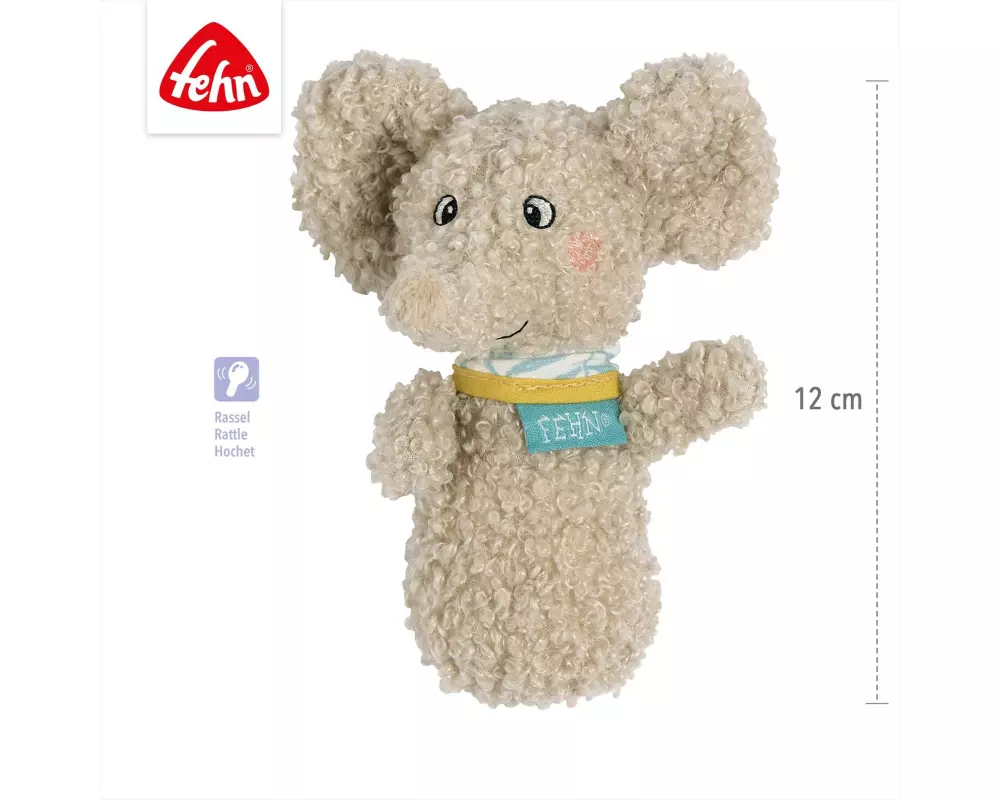 fehn Greifling Mini-Rassel Elefant, Grau, Plüsch / Velours, 12 cm