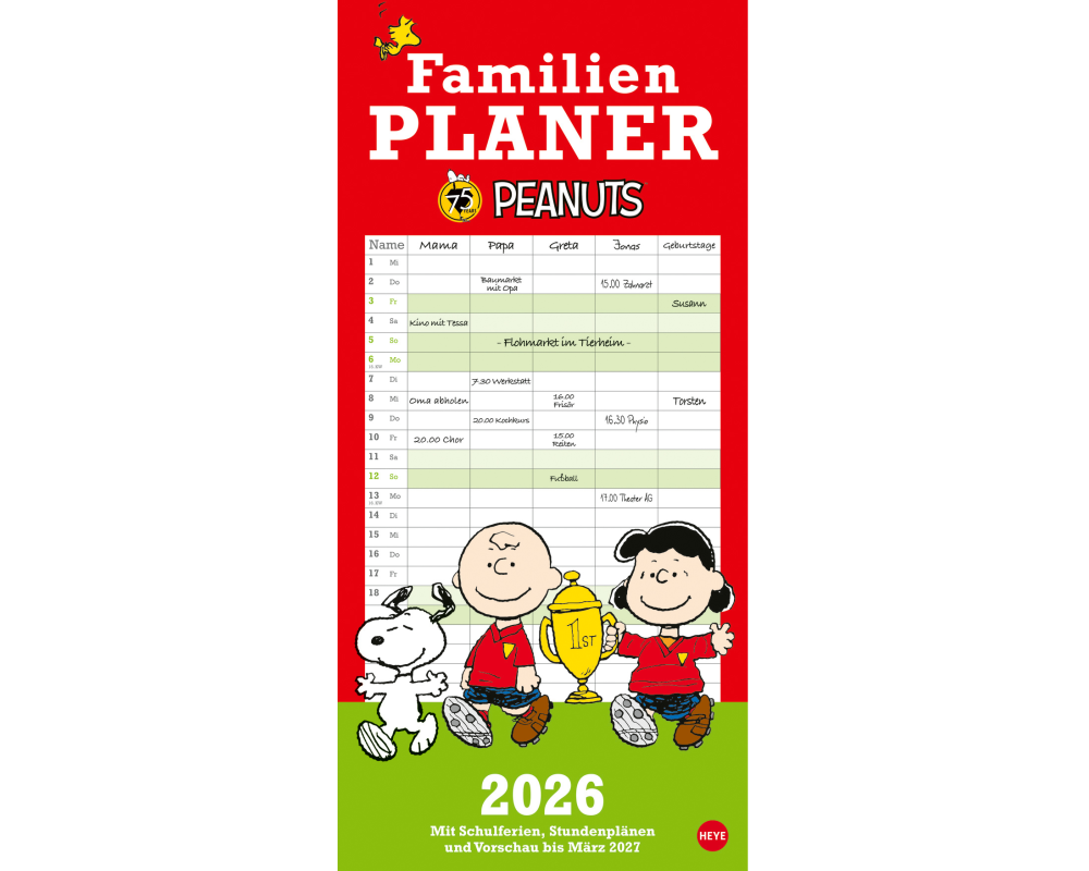 HEYE Familienplaner Peanuts 2026 1589+26 1M/1S DE 5 Spalten 21x45cm