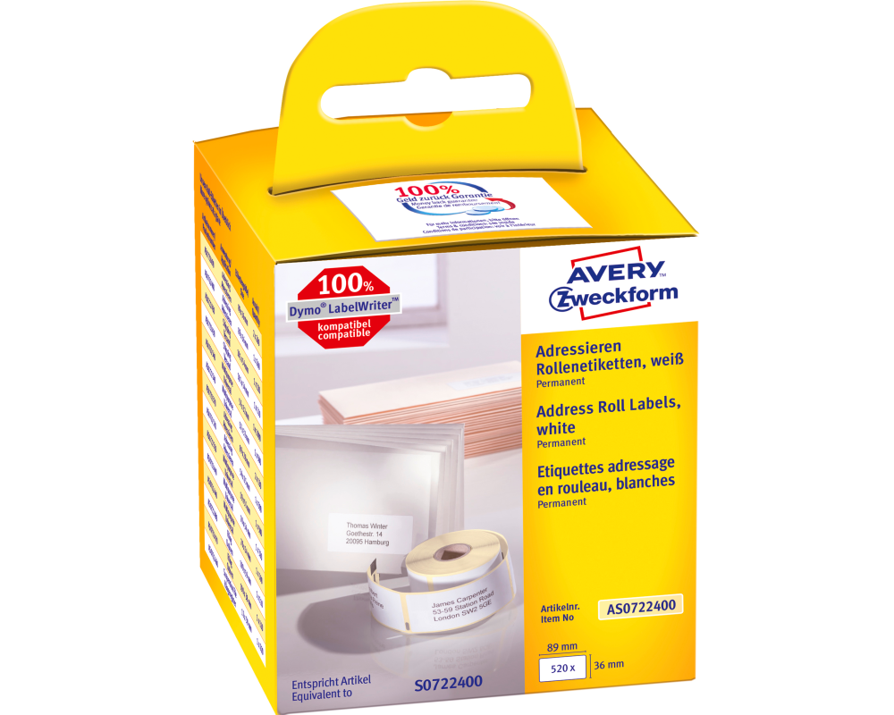 AVERY ZWECKFORM Adress-Etiketten 89x36mm AS0722400 weiss, Rolle 2x260 Stück
