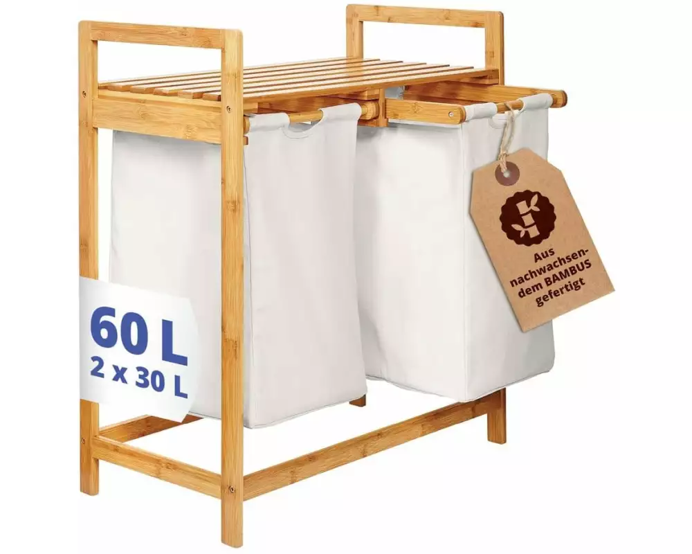 Lumaland Wäschekorb Bambus 60 l, Braun/Weiss
