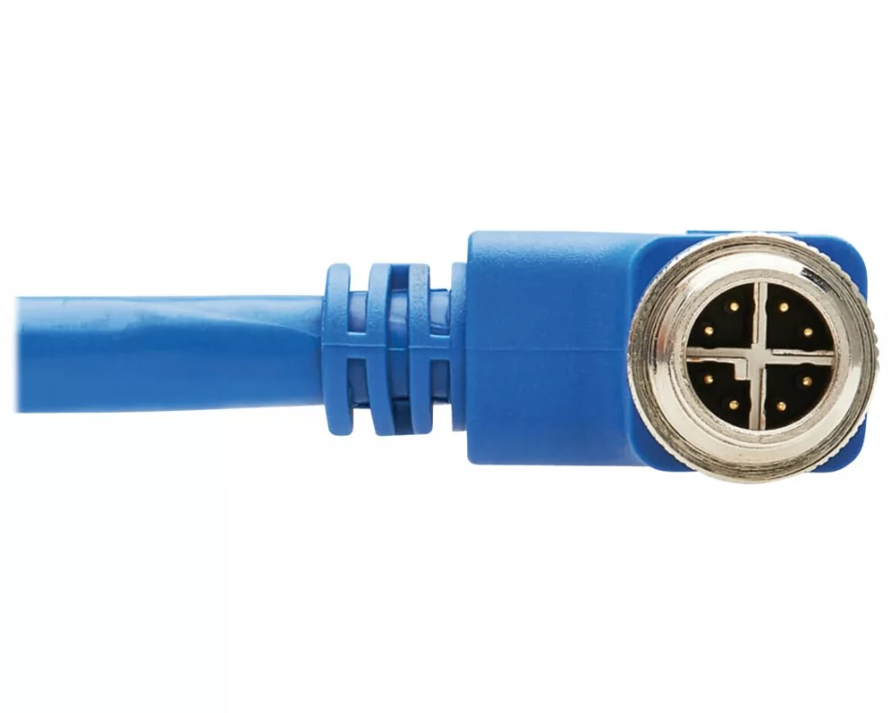 EATON TRIPPLITE M12, X-Code, Cat6a, 10G, F/UTP, CMR-LP, Shielded Ethernet Cable, Right-Angle, M12m/RJ45m, IP68, PoE, Blue, 10m