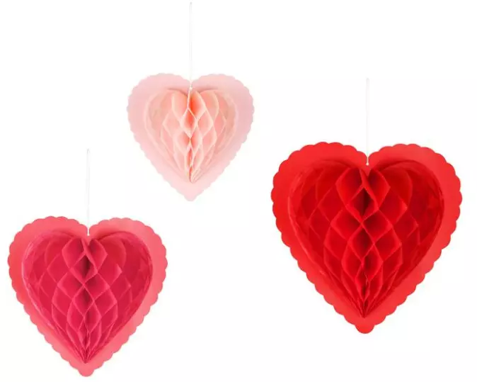 Partydeco Papierdekoration Honeycomb Herzen, Rot, 20-30 cm, 3 Stück