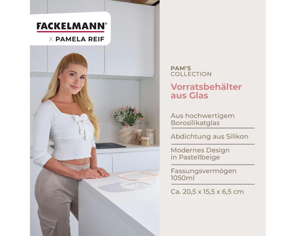 Fackelmann Vorratsdose Glas, stapelbar 1050 ml, Glas, Beige, 2 Stück