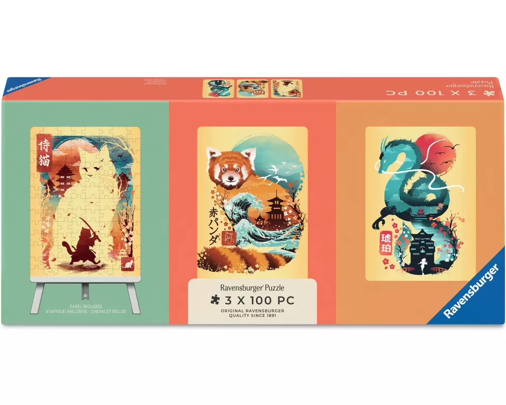 Ravensburger Puzzle Ukiyo-e Katzenkrieger, Roter Panda & Drache 3 x 100