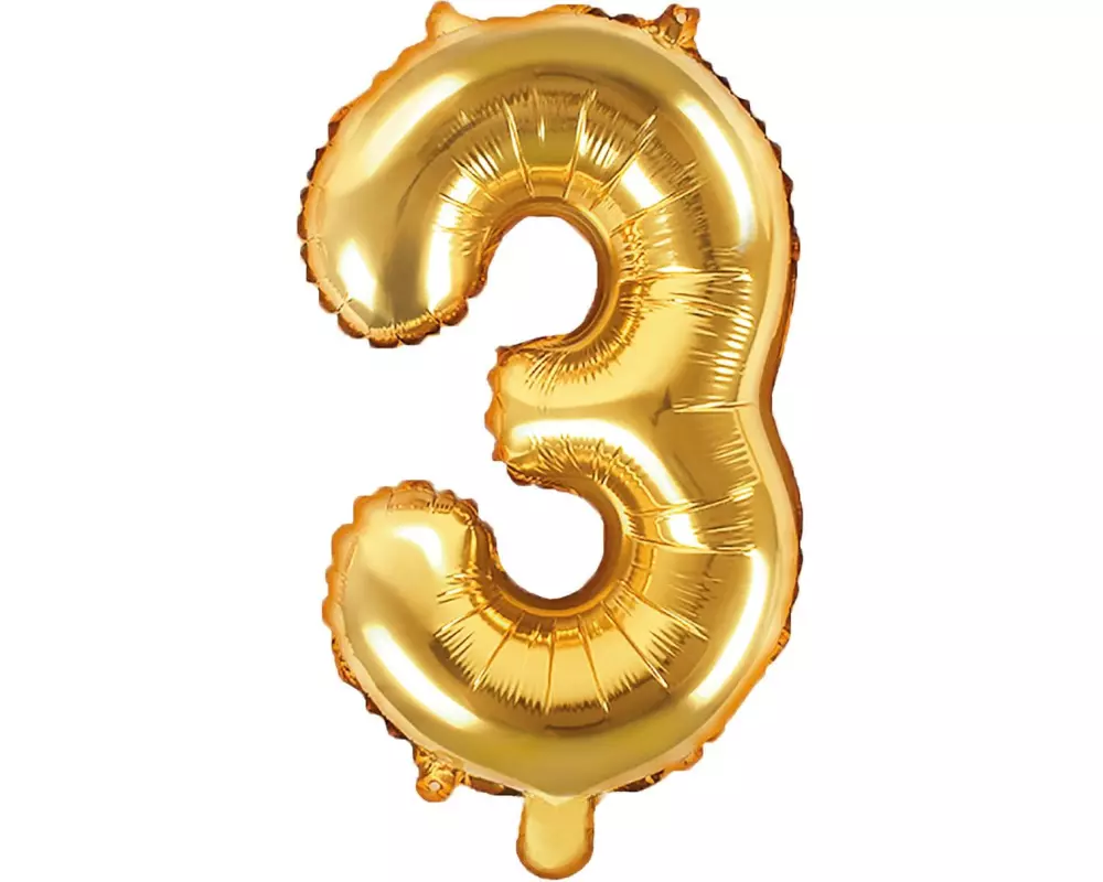 Partydeco Folienballon Zahl 3 klein 35 cm, gold, 1 Stück