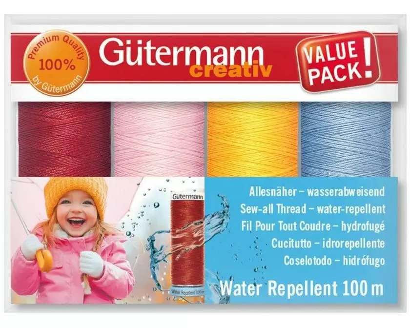Gütermann Nähgarn-Set Water Repellent 4 Stück, Blau/Gelb/Rosa/Rot
