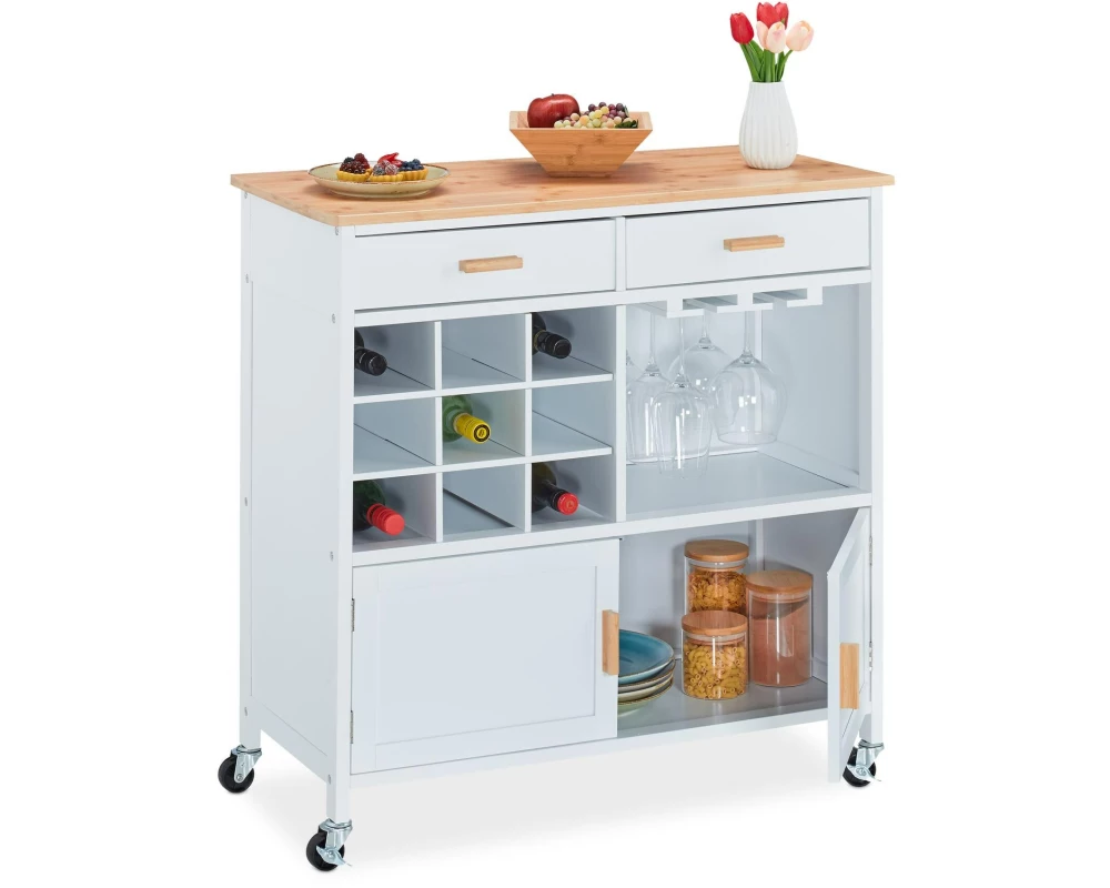 relaxdays Küchenwagen 86 x 88.5 x 41 cm, Braun / Weiss