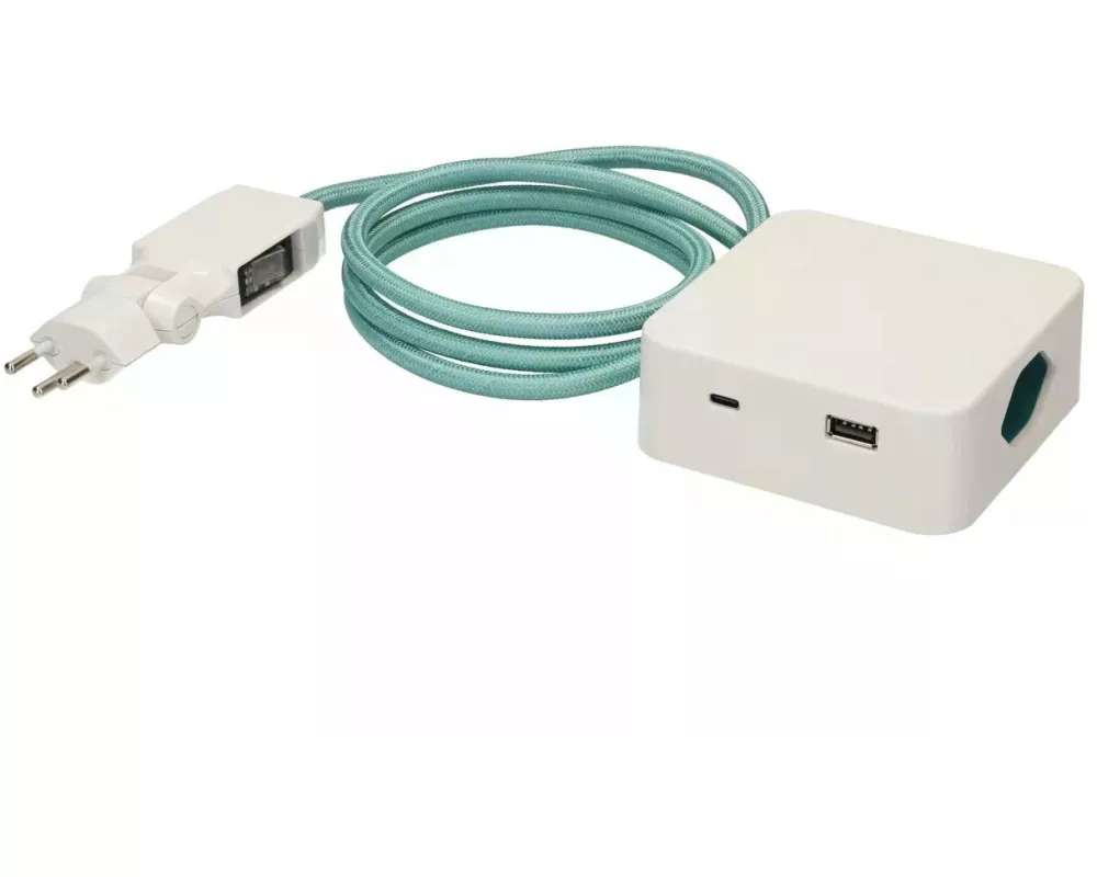 maxTex Steckdosenleiste Cube 3x T13, USB A/C, Weiss/Türkis