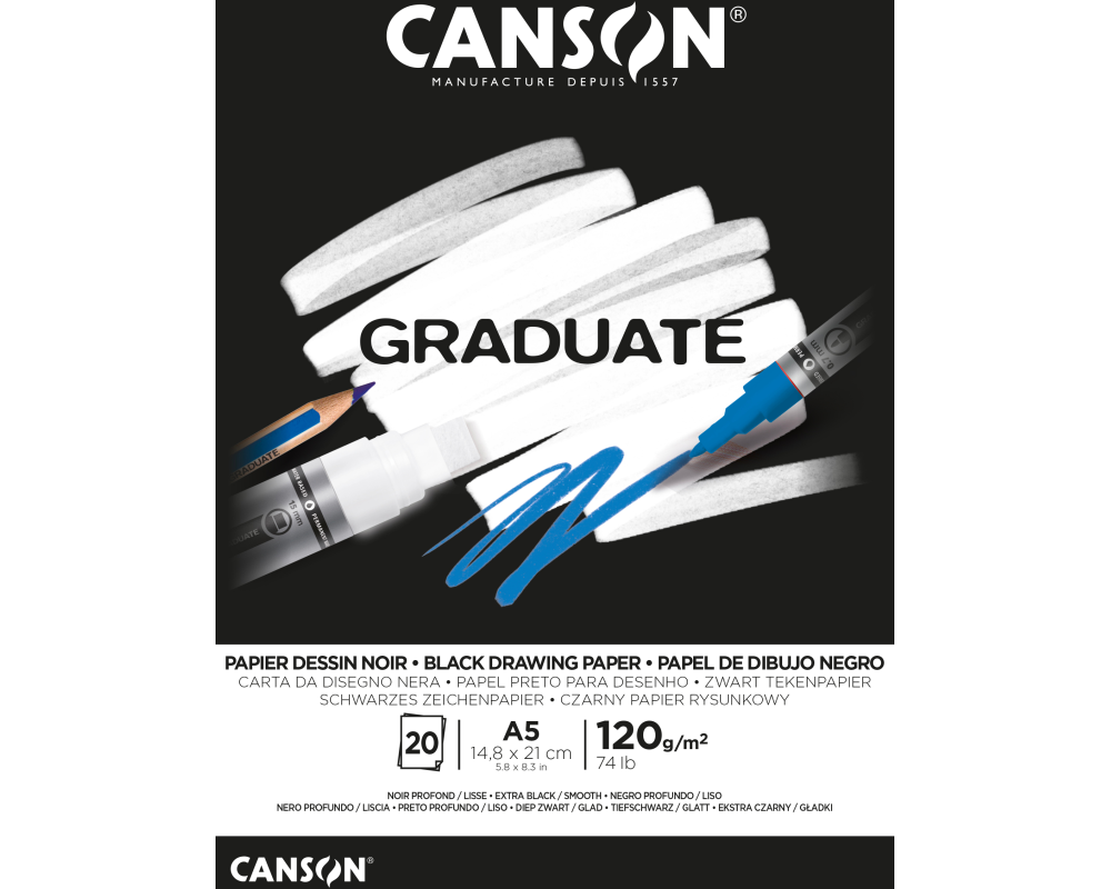 CANSON Graduate Zeichenpapier A5 400110385 20 Blatt, schwarz, 120g