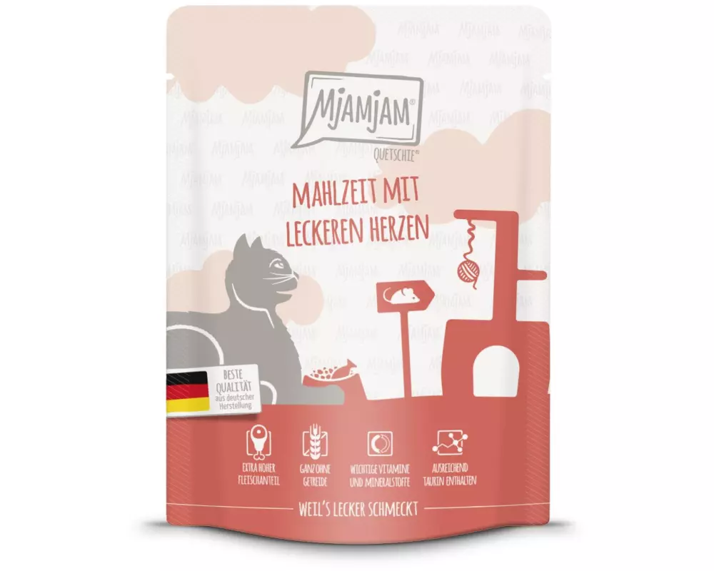 Mjamjam Nassfutter Quetschie Mahlzeit mit Herzen, 300 g
