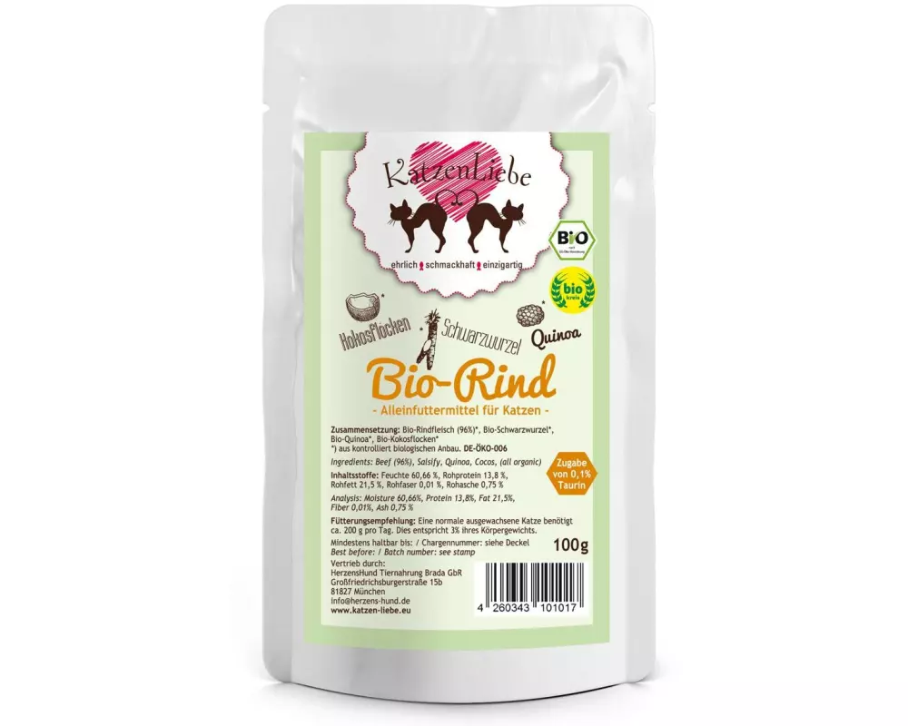 KatzenLiebe Nassfutter Bio-Rind mit Bio-Schwarzwurzel, 100 g