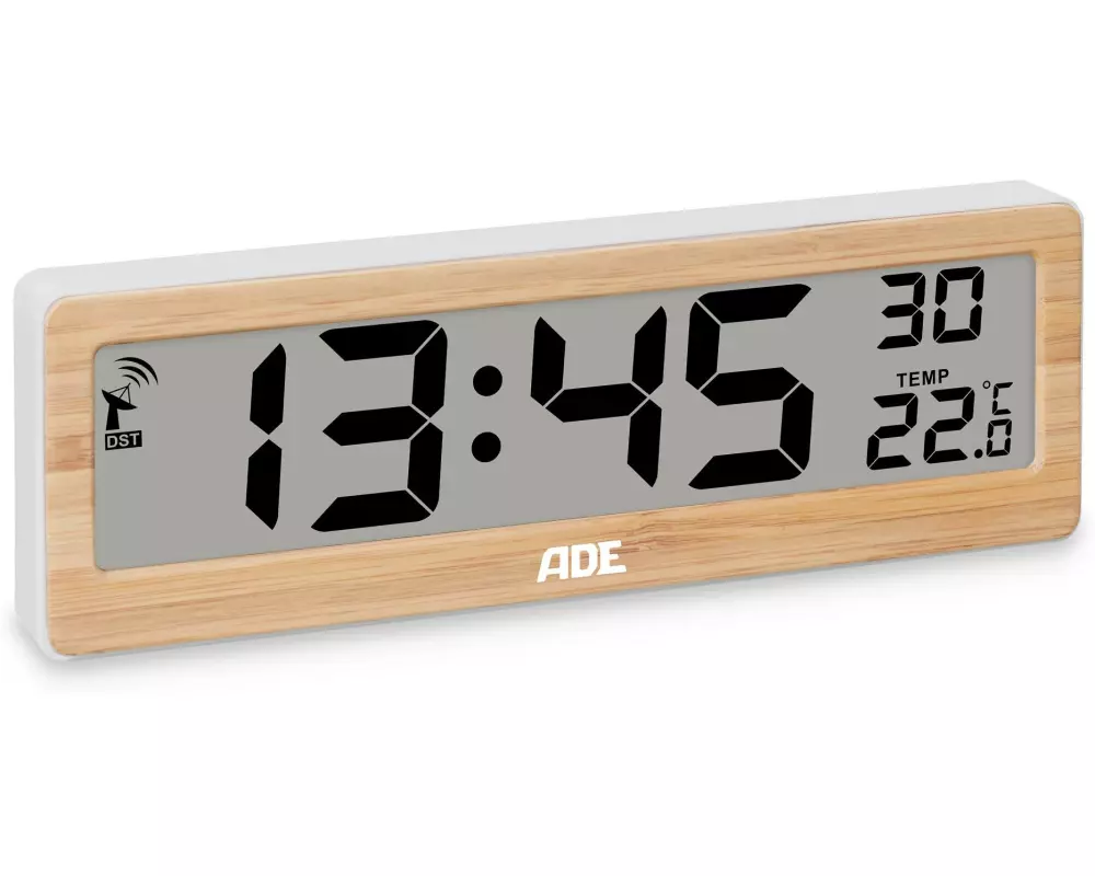 ADE Funkuhr DCF mit XXL-Ziffern digital Bambus-Weiss