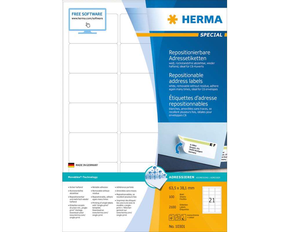 HERMA Etiketten SPECIAL 63.5x38.1mm 10301 weiss,non-perm. 2100St./100Bl.