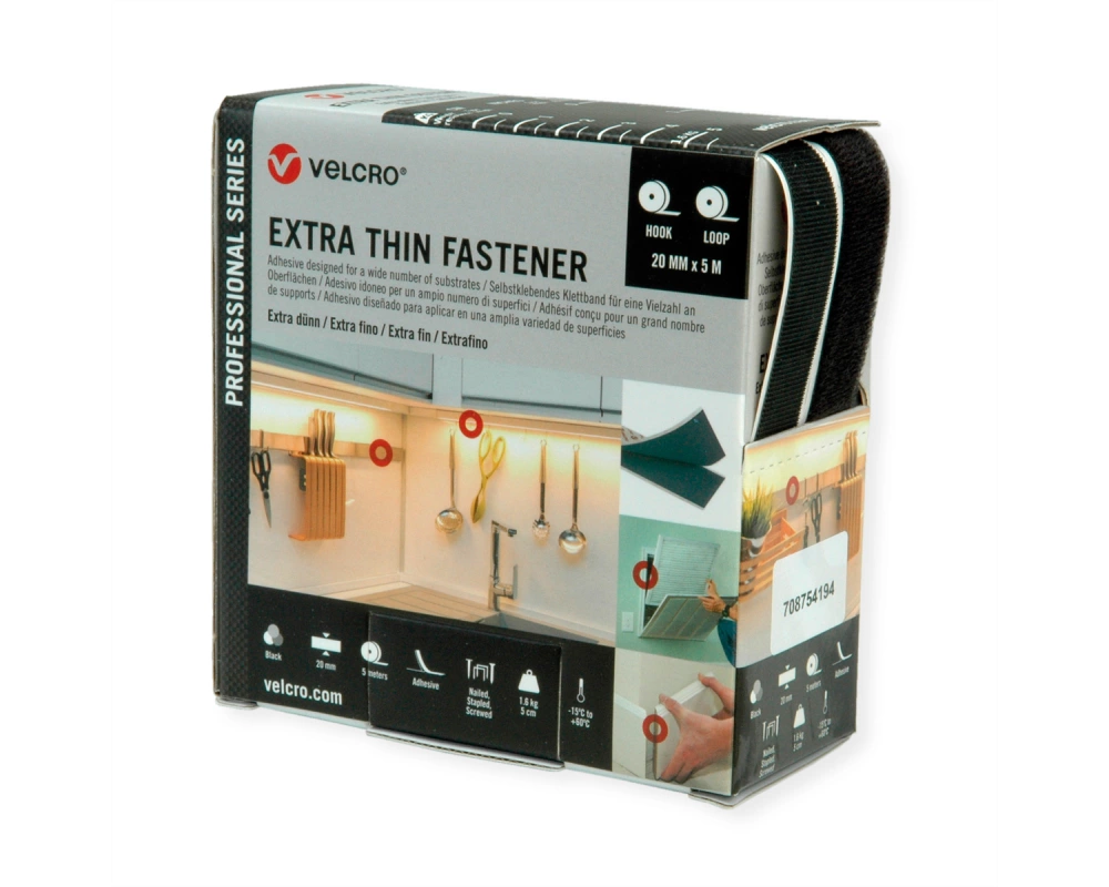 VELCRO Extra Thin Fastener 5m Hakenband 5m Flauschband, Haken & Flausch 20mm schwarz