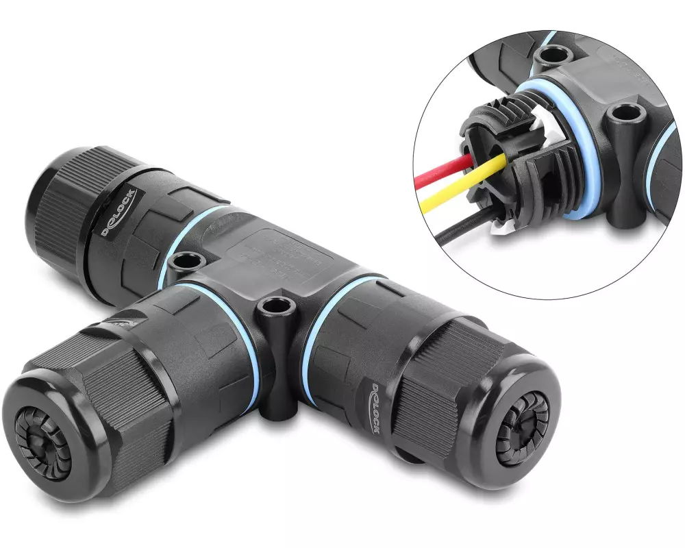 Delock Kabelverbinder T-Form 3 Pin IP68 wasserdicht Schwarz