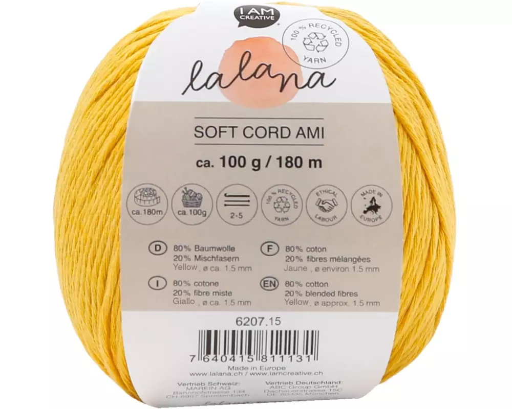 lalana Wolle Soft Cord Ami 100 g, Gelb