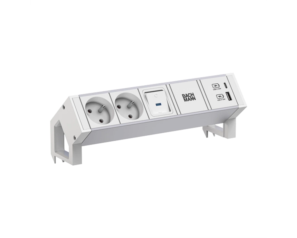 BACHMANN DESK2 ALU WHITE 2xUTE 1xUSB A/C 22W 1xSchalter 0,2m