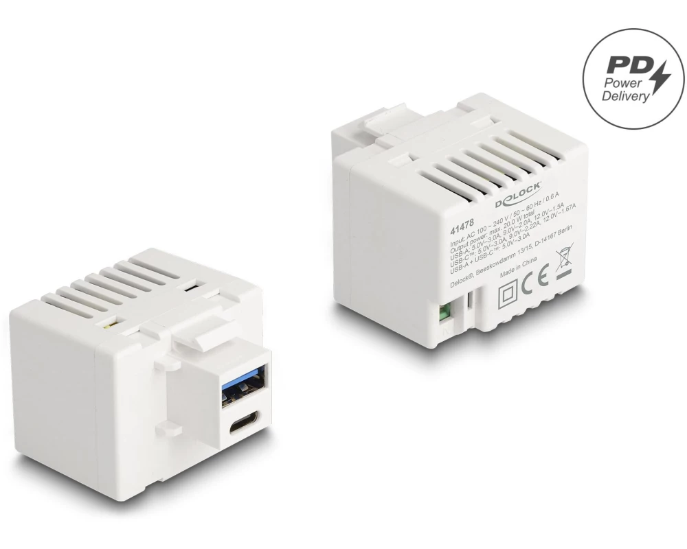 Delock Keystone-Modul 2 Pin Terminalblock zu USB Typ-A – C PD 20 W
