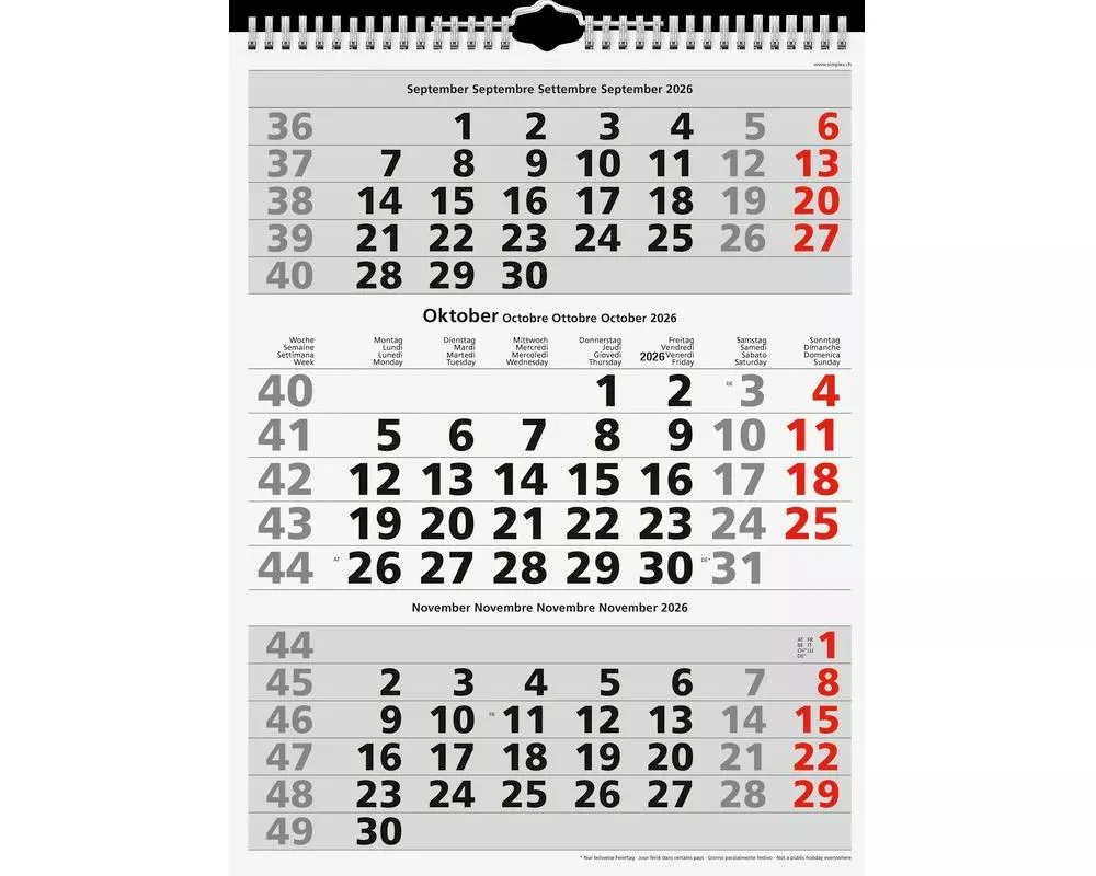 Simplex 3-Monatskalender mit Spiralbindung 2026, 31 x 40 cm, Rot