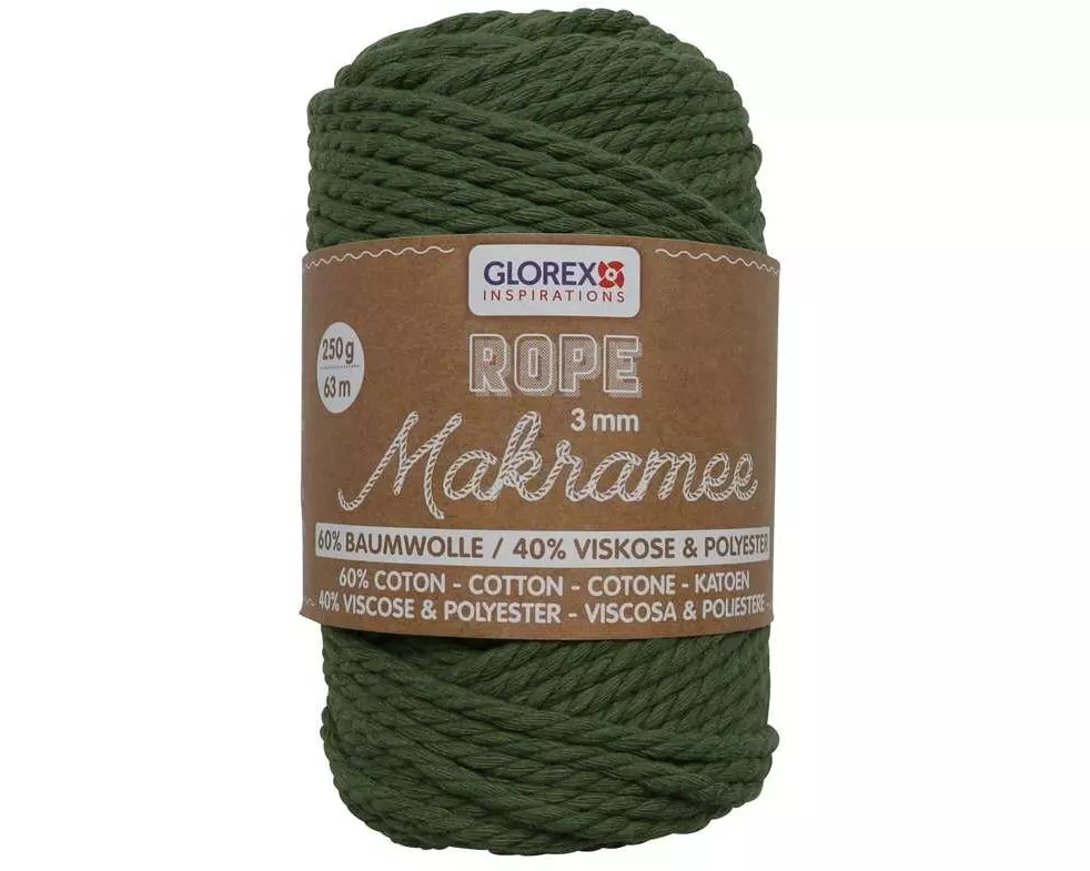 Glorex Wolle Makramee Rope gedreht 3 mm, 250 g, Olivgrün