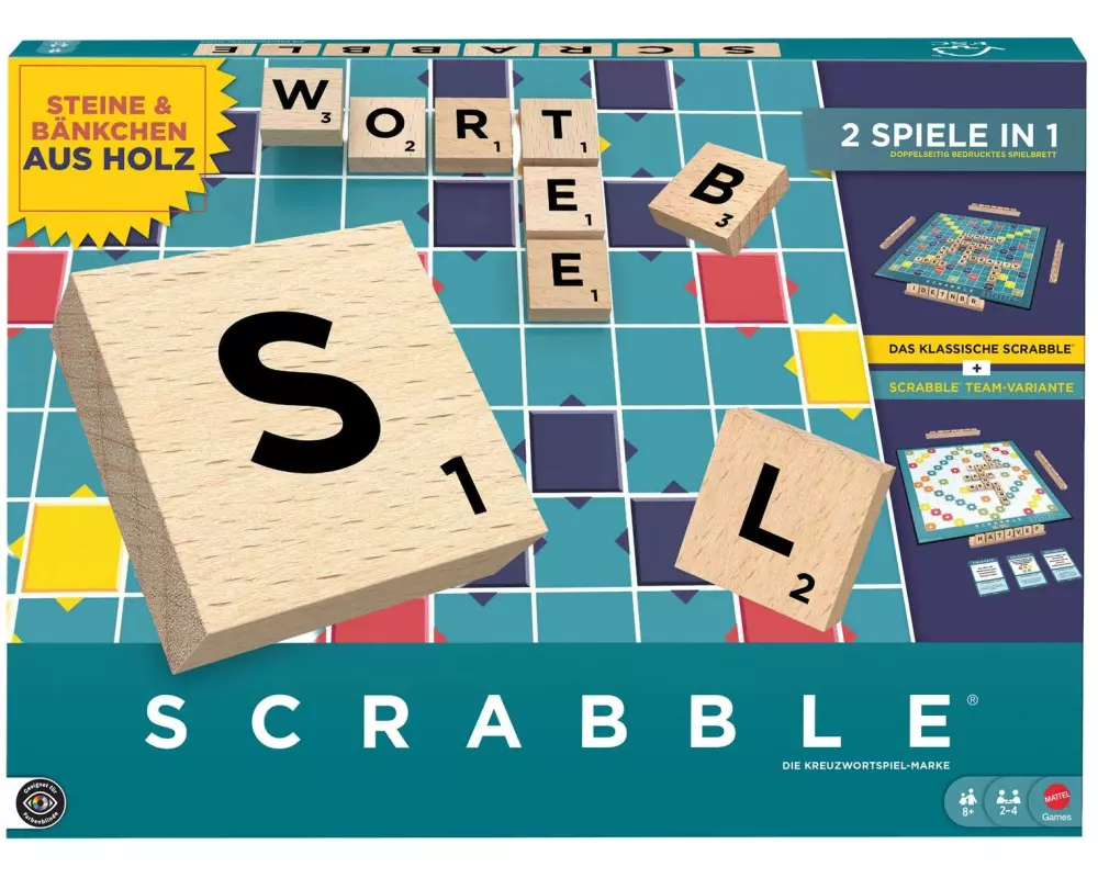 Mattel Spiele Scrabble Original Holz 2 in 1 , 2-4 Spieler – DE -