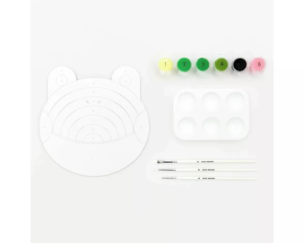 Malen nach Zahlen Set, Frosch, FSC 100%, Inhalt: 1 Malkarton, 6 Acrylfarben für ein Motiv, 3 Pinsel, 1 Malpalette