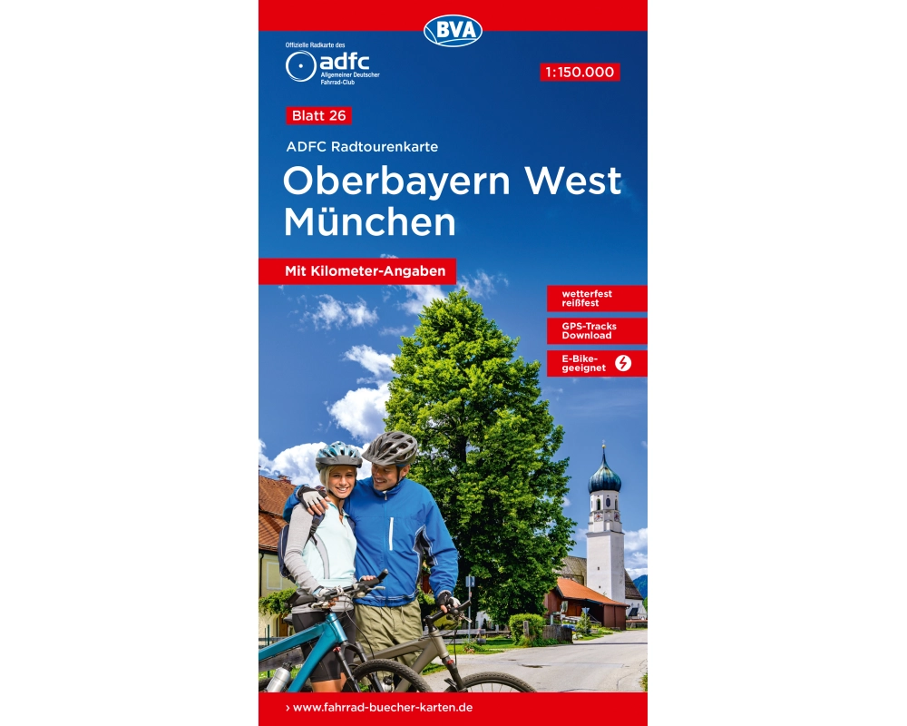 ADFC-Radtourenkarte 26 Oberbayern West München 1:150.000, reiß- und wetterfest, E-Bike geeignet, GPS-Tracks Download, mit Kilometer-Angaben